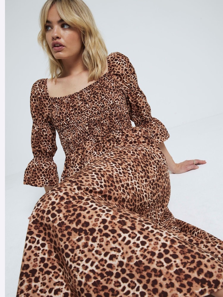 River Island Brown Shirred Midi Dress - Image 3 of 6