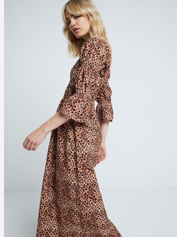 River Island Brown Shirred Midi Dress - Image 4 of 6