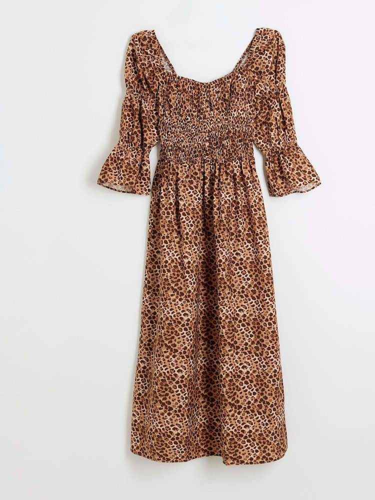 River Island Brown Shirred Midi Dress - Image 5 of 6