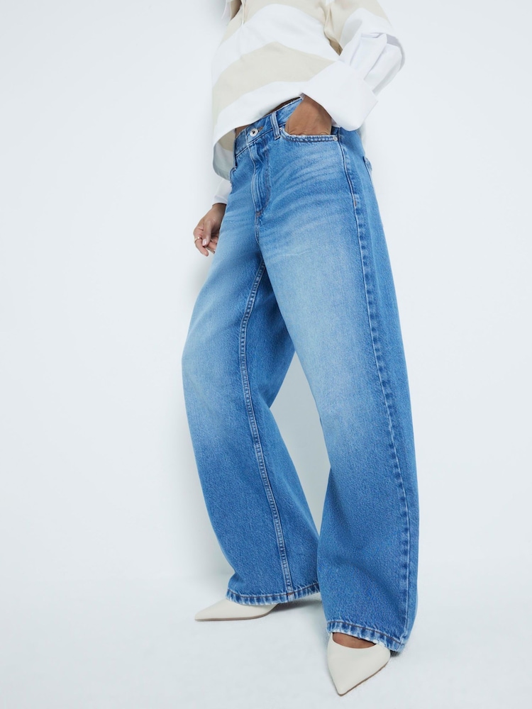River Island Blue Petite High Waisted Relaxed Straight 100% Cotton Jeans - Image 1 of 10