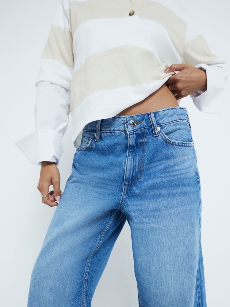 River Island Blue Petite High Waisted Relaxed Straight 100% Cotton Jeans - Image 7 of 10