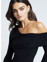 River Island Black Ruched Off Shoulder Bodysuit - Image 3 of 4