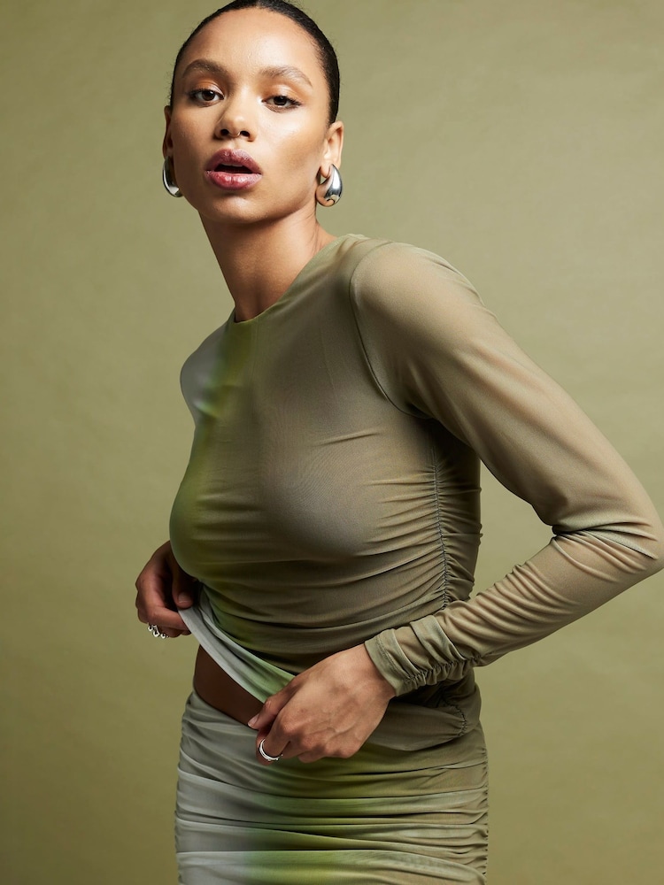 River Island Green Ombre Ruched Mesh Top - Image 1 of 4 River Island Green Ombre Ruched Mesh Top - Image 1 of 4