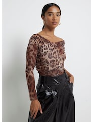 River Island Leopard Print Petite Leopard Mesh Asymmetric Bodies - Image 1 of 4
