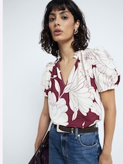 River Island Burgundy Floral Print V-Neck Blouse - Image 1 of 6