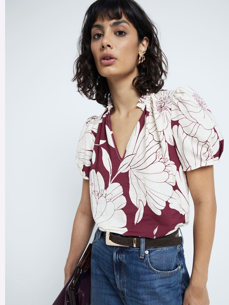 River Island Burgundy Floral Print V-Neck Blouse - Image 1 of 6 River Island Burgundy Floral Print V-Neck Blouse - Image 1 of 6