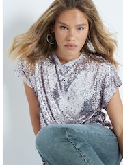 River Island Grey Sequin Shoulder Pad T-Shirt - Image 2 of 6