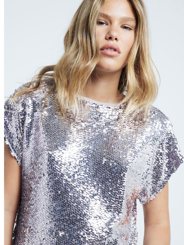 River Island Grey Sequin Shoulder Pad T-Shirt - Image 3 of 6