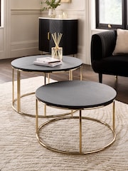 Black Evie Oak Effect Nest of 2, Round Coffee Table - Image 2 of 7