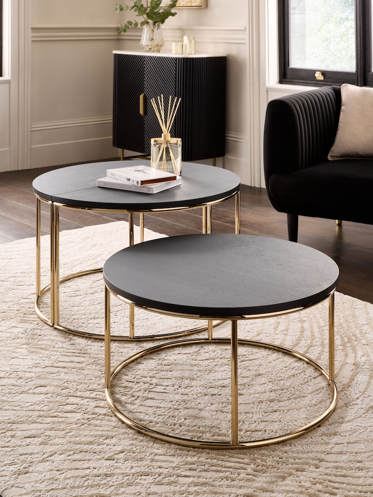 Black Evie Oak Effect Nest of 2, Round Coffee Table - Image 2 of 7