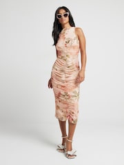 River Island Pink Petite Ruched Front Mesh Midi Dress - Image 1 of 3