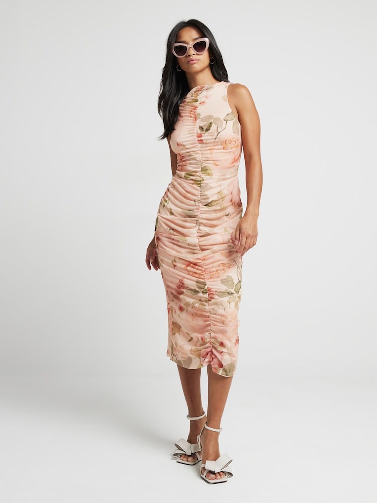 River Island Pink Petite Ruched Front Mesh Midi Dress - Image 1 of 3