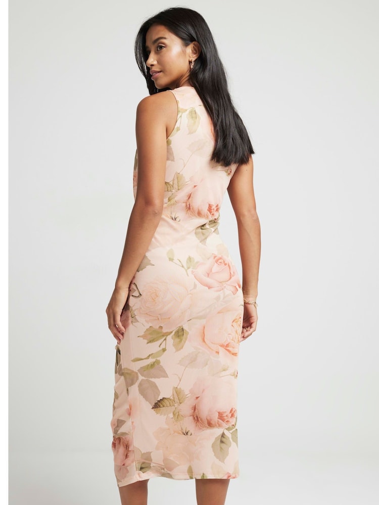 River Island Pink Petite Ruched Front Mesh Midi Dress - Image 2 of 3