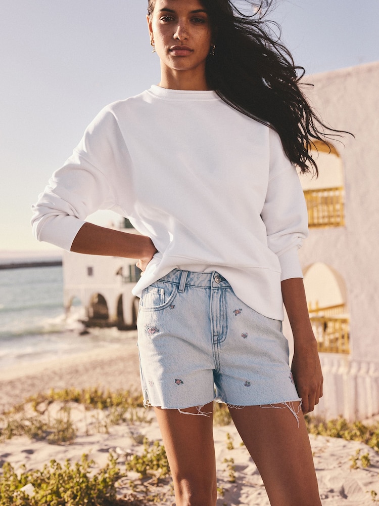 Bleach Turn Up Embroidered 100% Cotton Shorts - Image 1 of 8 Bleach Turn Up Embroidered 100% Cotton Shorts - Image 1 of 8