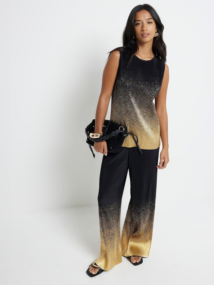 River Island Black Petite Ombre Foil Plisse Trousers - Image 1 of 6