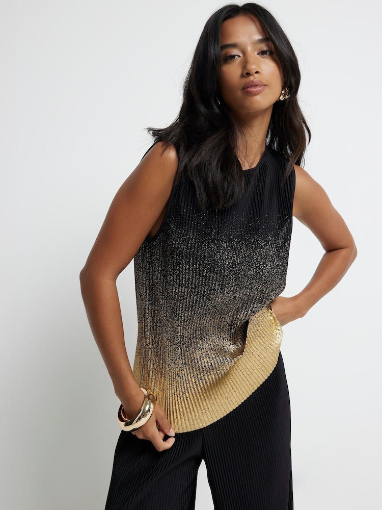River Island Black Petite Ombre Foil Plisse Vest Top - Image 1 of 6