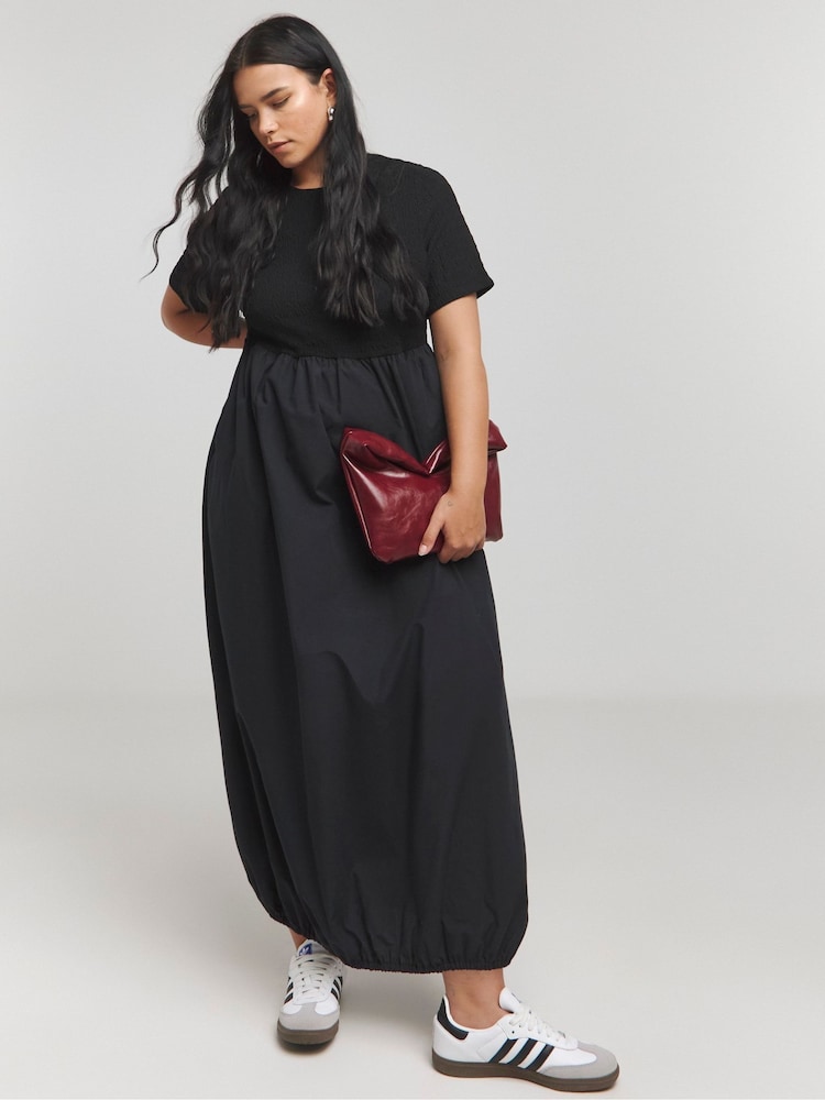 Simply Be Black Jersey Poplin Mix Puffball Dress With Pockets - Image 1 of 5