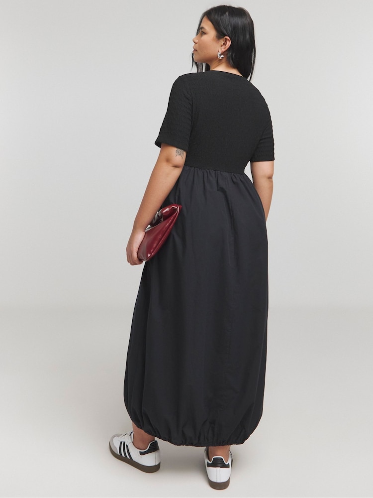 Simply Be Black Jersey Poplin Mix Puffball Dress With Pockets - Image 2 of 5