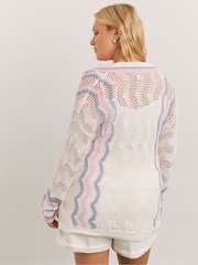 Simply Be Cream Boyfriend Collar Detail Pointelle Cardigan - Image 2 of 4