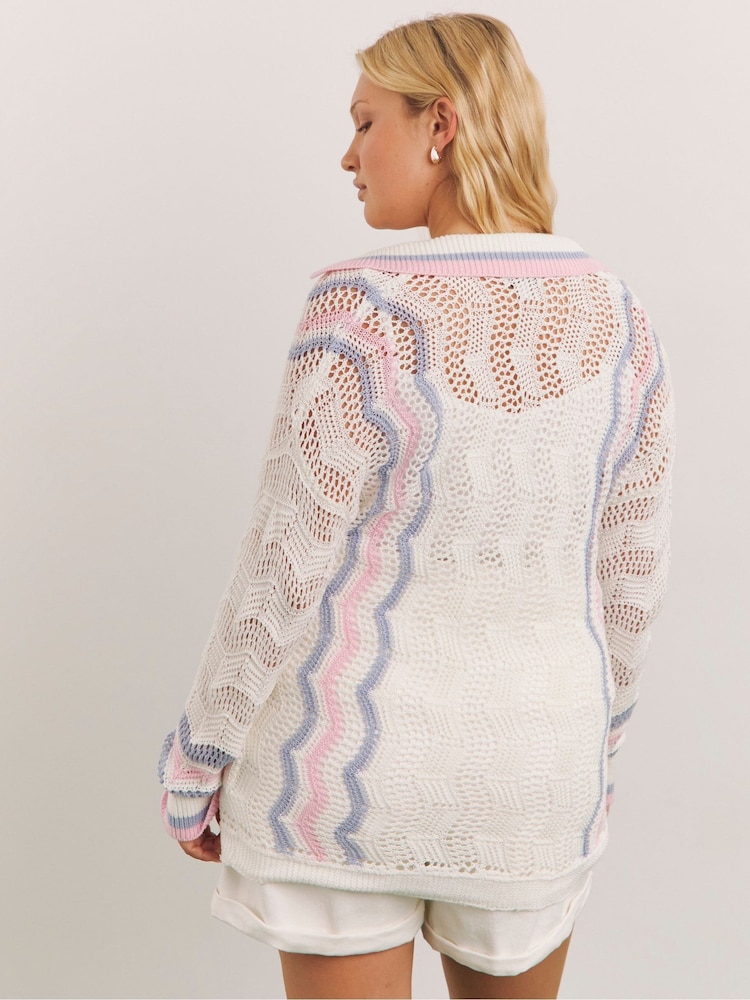 Simply Be Cream Boyfriend Collar Detail Pointelle Cardigan - Image 2 of 4