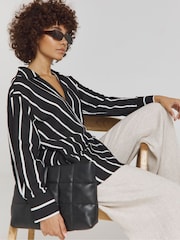 Simply Be Mono Striped Tie Front Wrap Shirt - Image 1 of 4