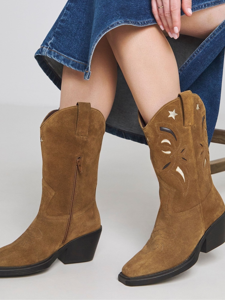 Simply Be Brown Wide Fit Cut Out Detail Calf Height Western Boots In With Super Curvy Calf - Image 1 of 4