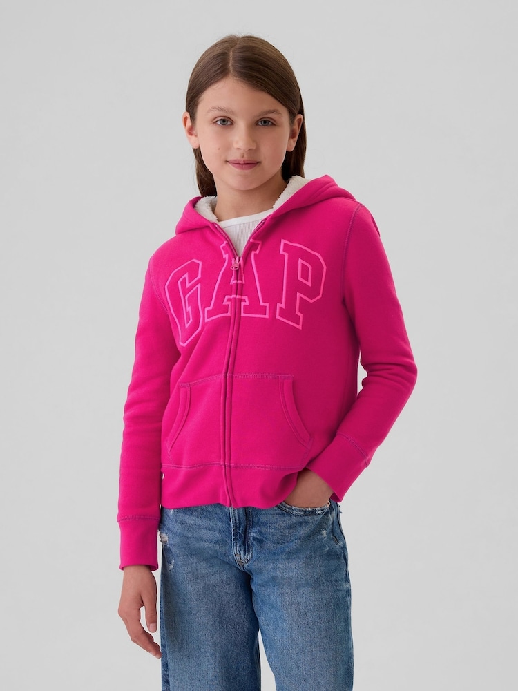 Gap Magenta Pink Logo Sherpa-Lined Zip Up Hoodie (4-13yrs) - Image 1 of 5 Gap Magenta Pink Logo Sherpa-Lined Zip Up Hoodie (4-13yrs) - Image 1 of 5