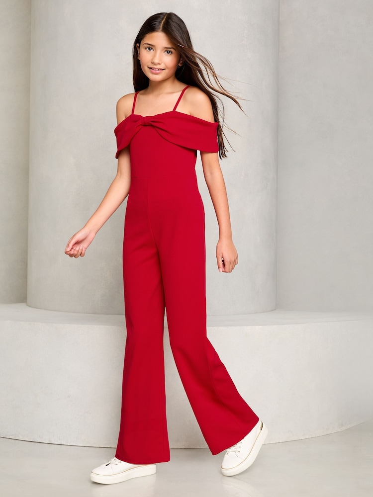 Lipsy Red Cold Shoulder Bow Jumpsuit (5-16yrs) - Image 1 of 4