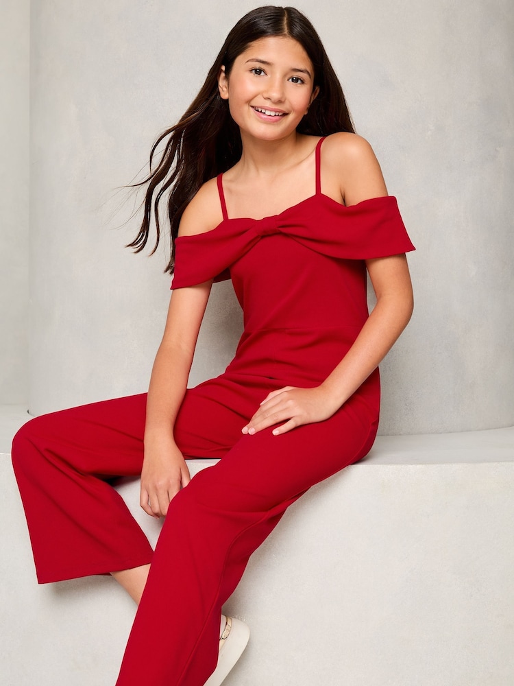 Lipsy Red Cold Shoulder Bow Jumpsuit (5-16yrs) - Image 2 of 4