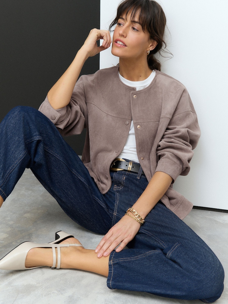 Grey - Suedette Bomber Jacket - Image 1 of 8 Grey - Suedette Bomber Jacket - Image 1 of 8