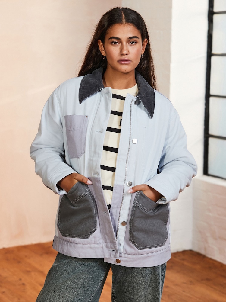 Navy Patched Corduroy Collar Worker Jacket - Image 1 of 4 Navy Patched Corduroy Collar Worker Jacket - Image 1 of 4