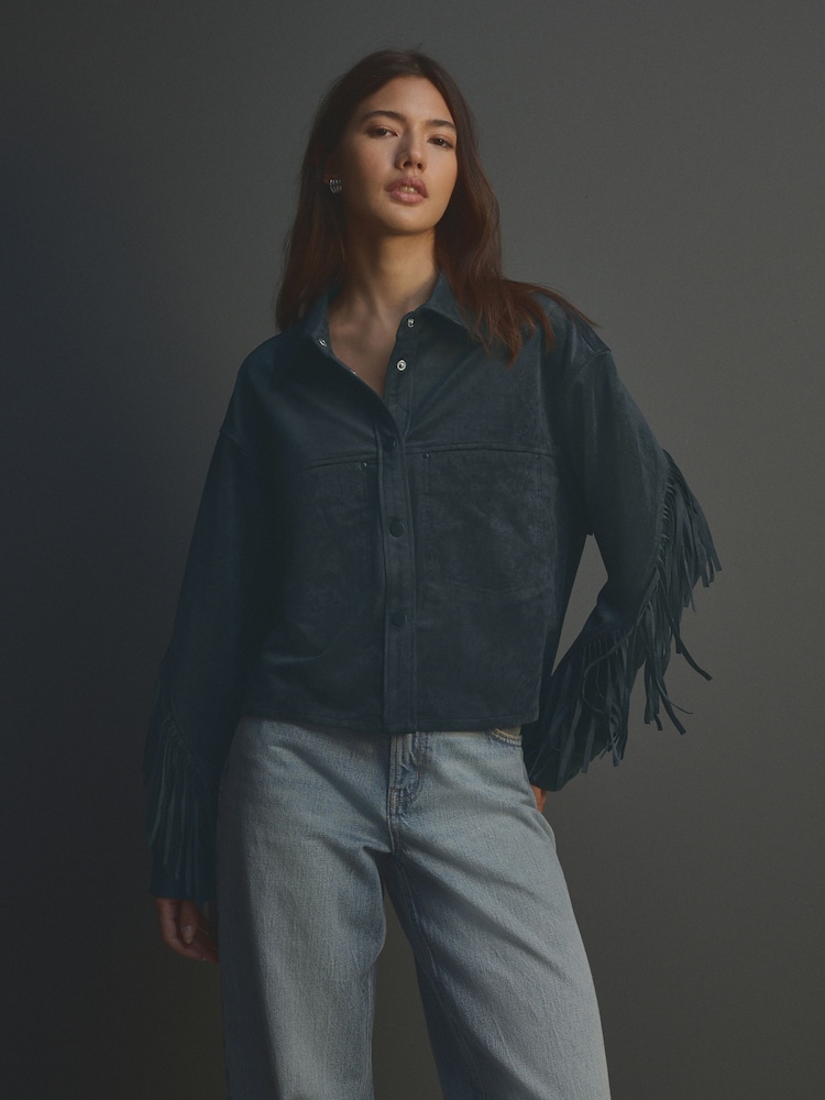 Navy Blue - Suedette Fringed Boho Jacket - Image 2 of 4 Navy Blue - Suedette Fringed Boho Jacket - Image 2 of 4
