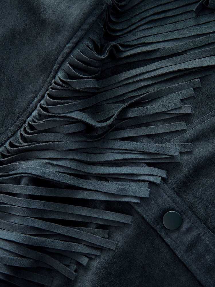 Bleumarin albastru - Jachetă boho cu franjuri din imitație de piele întoarsă - Imaginea 8 din 8