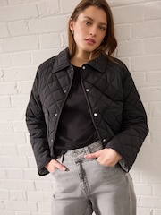 Black Short Quilted Collared Jacket - Image 1 of 8