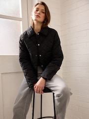 Black Short Quilted Collared Jacket - Image 4 of 8