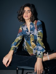 Navy Floral Print Long Sleeve V-Neck Blouse - Image 1 of 8