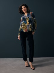 Navy Floral Print Long Sleeve V-Neck Blouse - Image 2 of 8