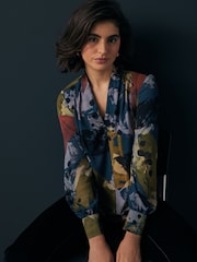 Navy Floral Print Long Sleeve V-Neck Blouse - Image 3 of 8