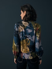 Navy Floral Print Long Sleeve V-Neck Blouse - Image 4 of 8