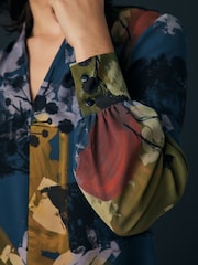 Navy Floral Print Long Sleeve V-Neck Blouse - Image 5 of 8