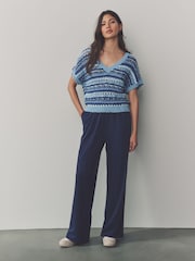 Indigo Blue Textured Jersey Stripe Wide Leg Trousers - Image 1 of 7
