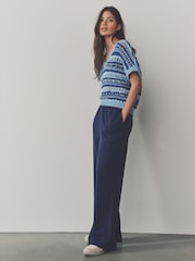 Indigo Blue Textured Jersey Stripe Wide Leg Trousers - Image 2 of 7