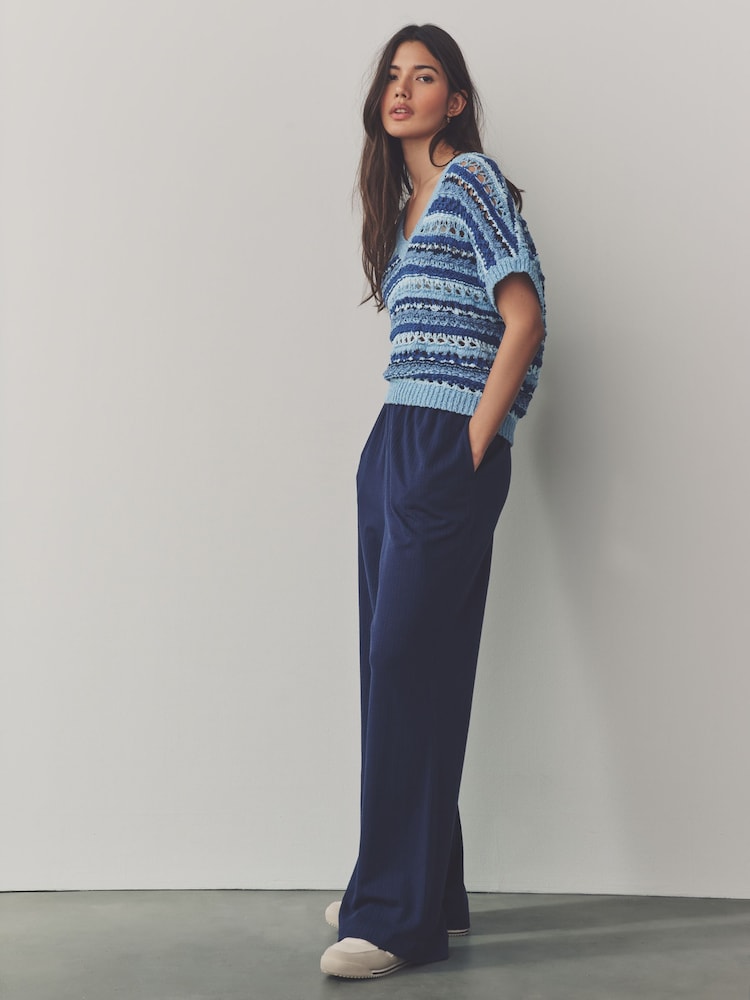 Indigo Blue Textured Jersey Stripe Wide Leg Trousers - Image 2 of 7