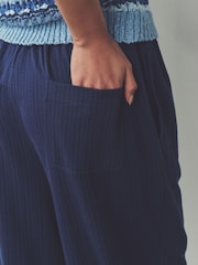 Indigo Blue Textured Jersey Stripe Wide Leg Trousers - Image 3 of 7