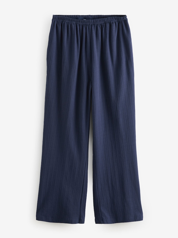 Indigo Blue Textured Jersey Stripe Wide Leg Trousers - Image 5 of 7