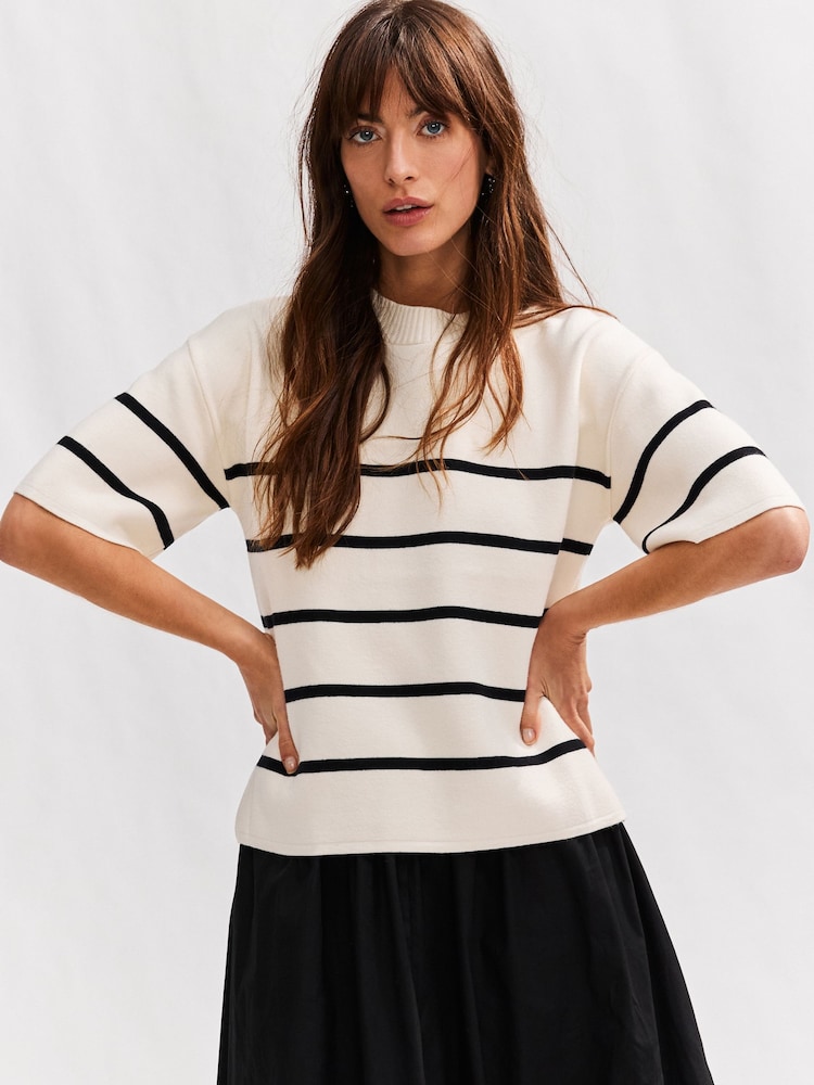 Ecru/Navy Cosy Soft Touch Boxy Short Sleeve Striped Knitted Jumper Top - Image 3 of 8