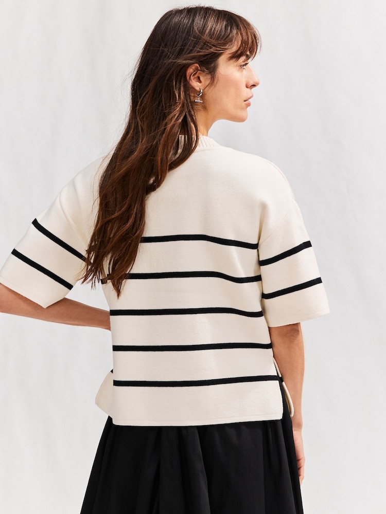 Ecru/Navy Cosy Soft Touch Boxy Short Sleeve Striped Knitted Jumper Top - Image 4 of 8