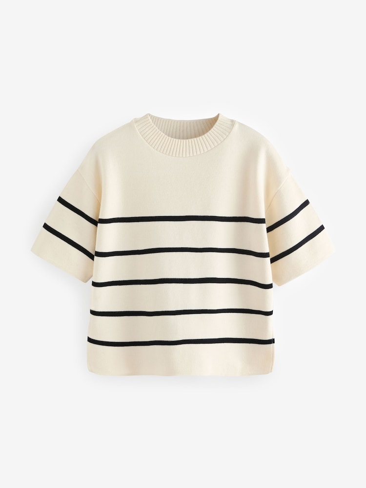 Ecru/Navy Cosy Soft Touch Boxy Short Sleeve Striped Knitted Jumper Top - Image 6 of 8