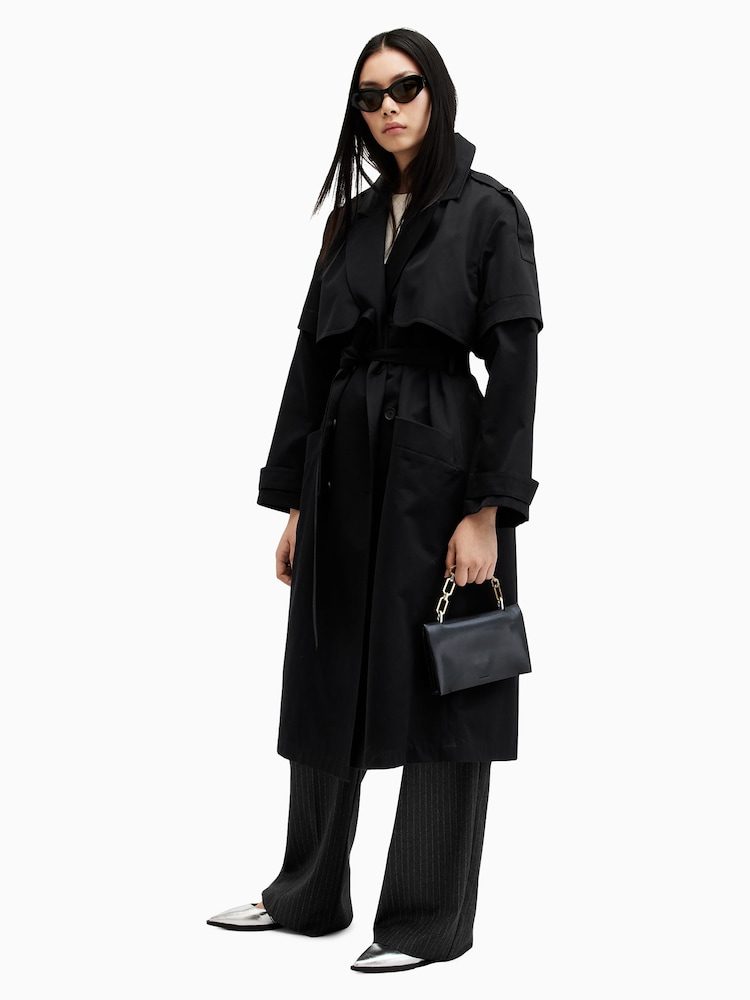 AllSaints Black 100% Cotton Clyde Trench Coat - Image 1 of 7