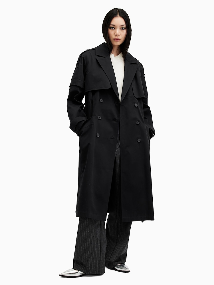 AllSaints Black 100% Cotton Clyde Trench Coat - Image 3 of 7